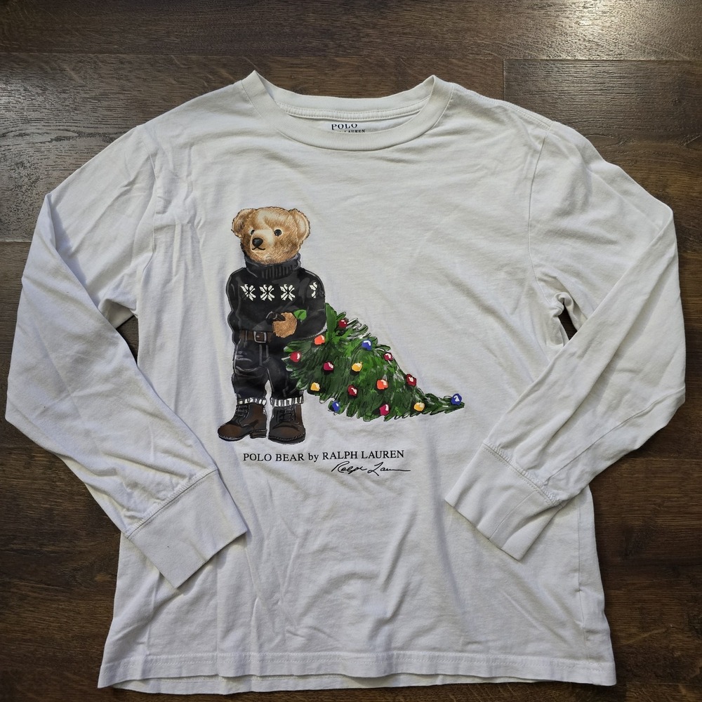 Polo Ralph Lauren Shirt Boys 10-12 White Polo Bear Christmas Long Sleeve Graphic